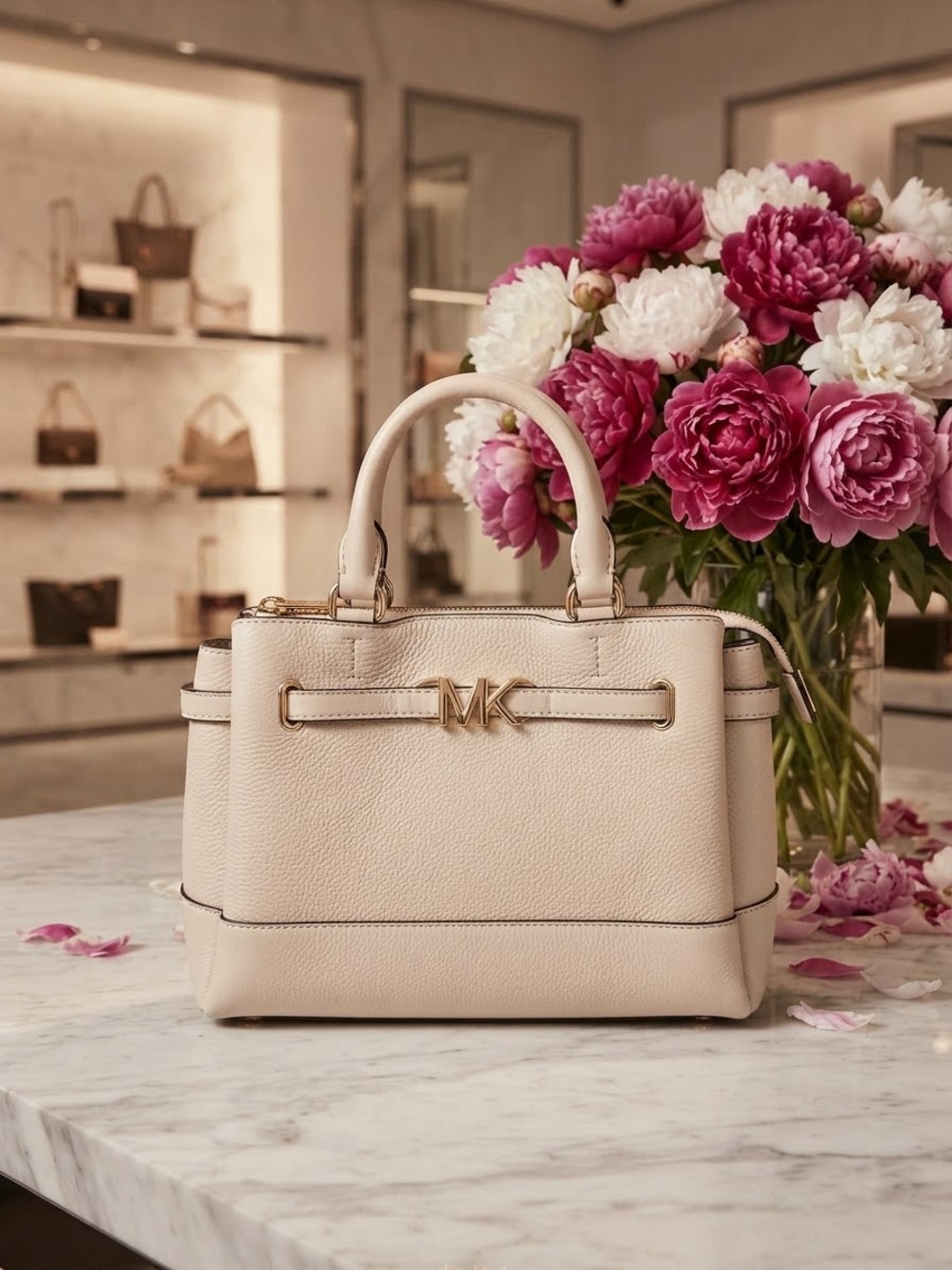 Michael Kors Cream Pebbled Leather MK Satchel with Gold Hardware